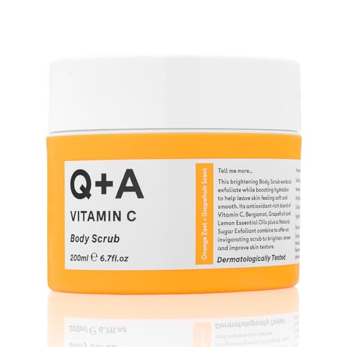 Q+A Vitamin C Body Scrub (200ml), Exfoliating Body Scrub, Brightening and Hydrating Sugar Scrub with Citrus Essential Oils, Vitamin C and Evening Primrose Oil