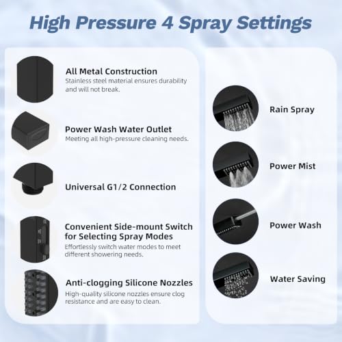 Square 13-Inch Rain Shower Head with 5 Modes & Handheld Spray - Matte Black