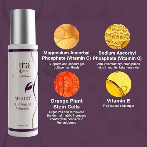 Lira Clinical MYSTIQ iLuminating Cleanser - Moisturizing Face Wash with Vitamin C, Orange Plant Stem Cells, and Plant Extracts - Gentle Facial Cleanser Supports Skin Barrier and Hydration - 6 Oz