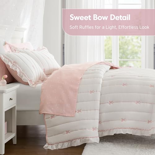 Pink Queen Size Embroidered Ruffle Quilt Set with Bow Details - 3 Piece