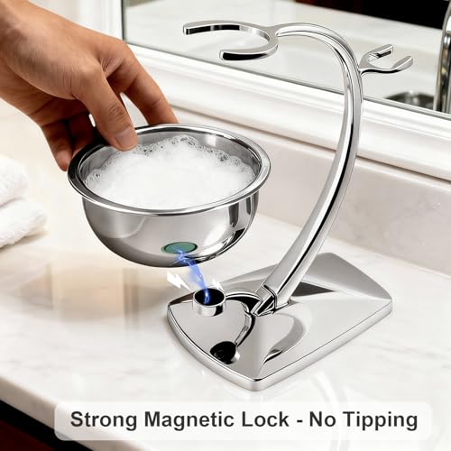 Shaving Bowl and Stand Set with Magnetic Base - 304 Steel & Chrome