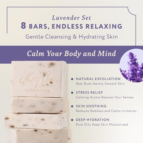 Mary Case Lavender Bar Soap Set of 8 – 3.5 oz Natural Dried Lavender Flower Vegan Bath Soap for Men & Women