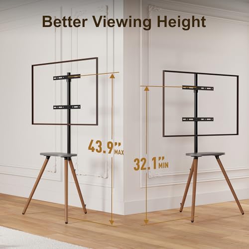 ECOTINY Black Walnut Tripod TV Stand for 43-65 Inch TVs with Swivel & Shelf