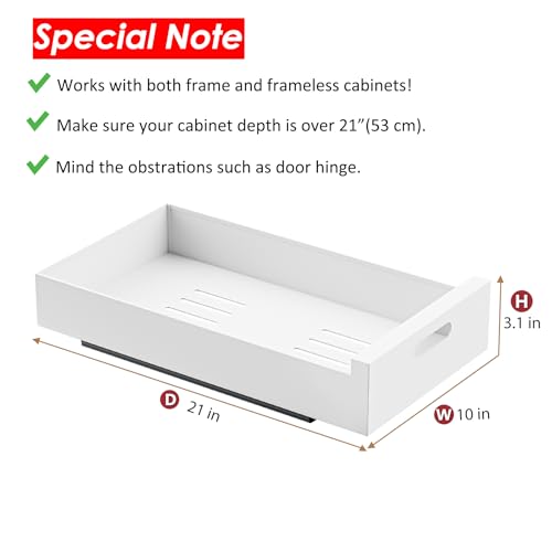 White 21-Inch Deep Pull Out Cabinet Organizer with Adhesive - 10-Inch Wide Steel Drawers, for Frameless Cabinets - 2 Pack