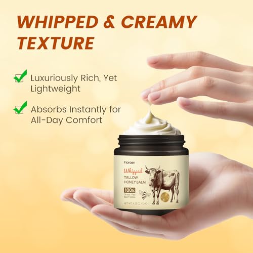 Whipped Beef Tallow and Manuka Honey Balm, Beef Tallow for Face, Unscented Skin Care for Dry and Sensitive Skin, Natural Tallow Balm for Hydration and Nourishment, 4 fl.oz