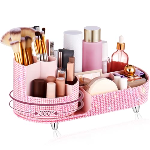 Teen Girls Women Gift 360 Rotating Bling Makeup Organizer Large Rhinestone Diamond Bathroom Organizer Girly Skin Care Brush Holder for Countertop,Bathroom Essentials(Pink,Rhinestone)