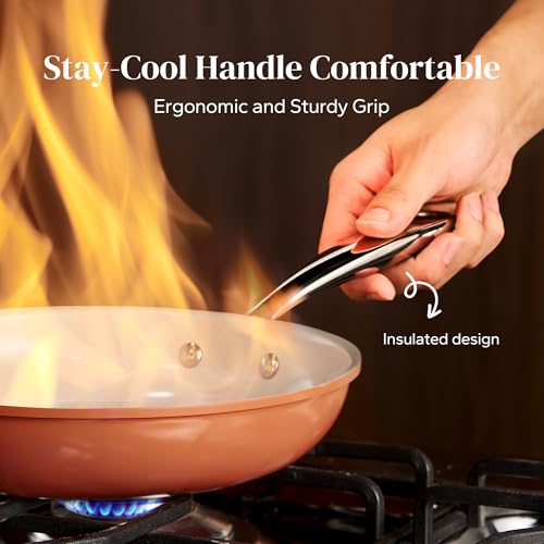 Orange Nonstick Ceramic Frying Pan Set - 8, 9.5 & 11 Inch Skillets with Cool Handle