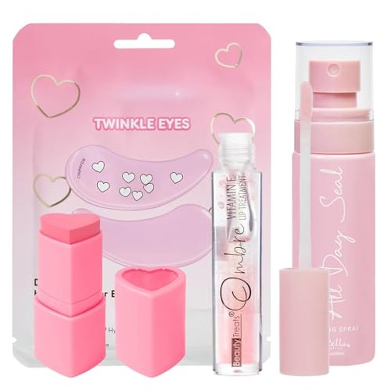 Beauty Bundle Mystery Makeup Sets Kitty Twinkle Eyes Patches, Amorus Matte Sweet Blush Stick, All Day Setting Spray & Beauty Treats Ombre Lip Treatment Gifts