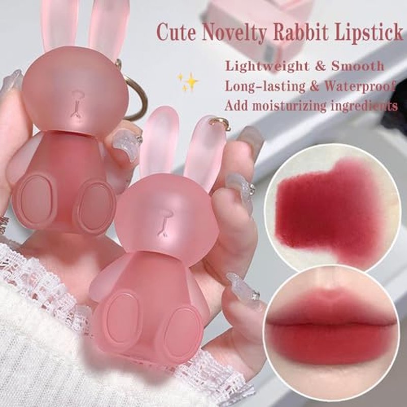 4 Colors Velvet Matte Liquid Lipstick set, Cute Rabbit Lip Glaze 2 in 1 Key Chain Lip Gloss Lip Stain, Waterproof Non-Stick Cup Long Lasting Lip Clay Cute Lip Makeup for Girls