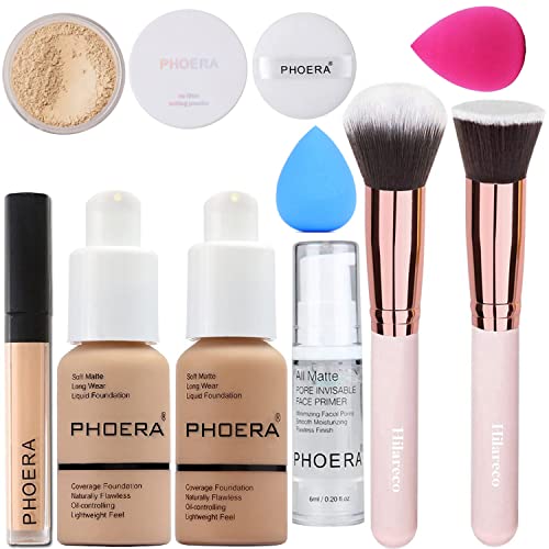 Full Coverage Foundation Set with Primer, Powder, Concealer & Brushes - Buff Beige & Sand