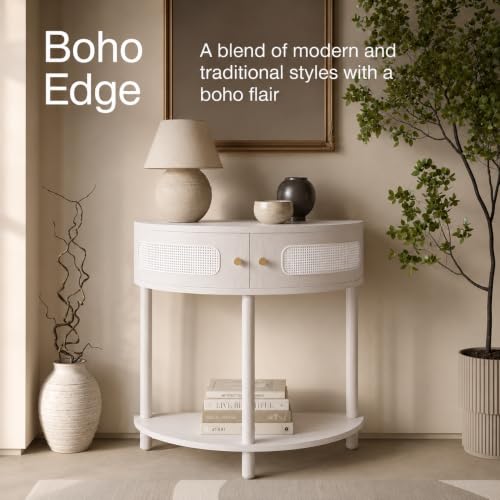 Weathered White Half Moon Entry Table - Modern Cane Console with Storage