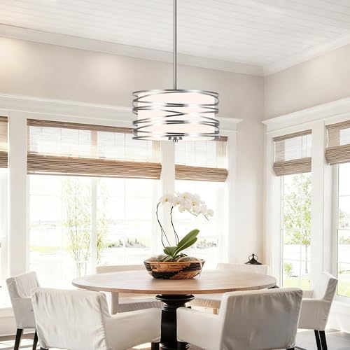 ACNKTZ 12.6'' Brushed Nickel Drum Pendant Light - 3-Light Hanging Chandelier for Kitchen & Dining