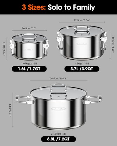 Stainless Steel Stock Pot Set with Glass Lids - 6-Piece Space-Saving Nestable Cookware