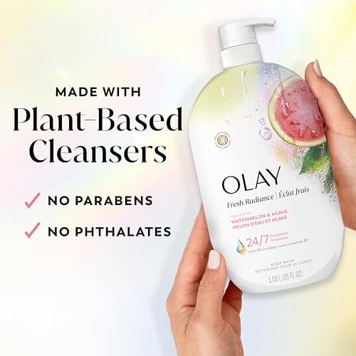 Olay Body Wash for Women, Fresh Radiance, 24/7 Skin-Loving Freshness, Visibly Radiant, Plant Based Cleansers, Vitamin B3 & Antioxidant Blend, For All Skin Types, Watermelon & Agave Scent, 35 fl oz