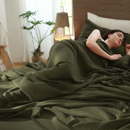 Olive Green MooMee 100% Cotton Gauze Bed Throw Blanket, 4-Layer Fringed Summer Cover