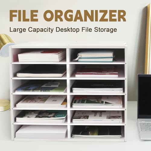 Desk Paper Storage Organizer with 12 Adjustable Compartments - Office & Classroom Literature Sorter, White