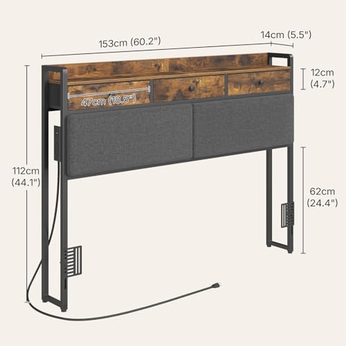 YATINEY Queen Size Headboard with Storage & Charging Station, Adjustable, Rustic Brown/Black