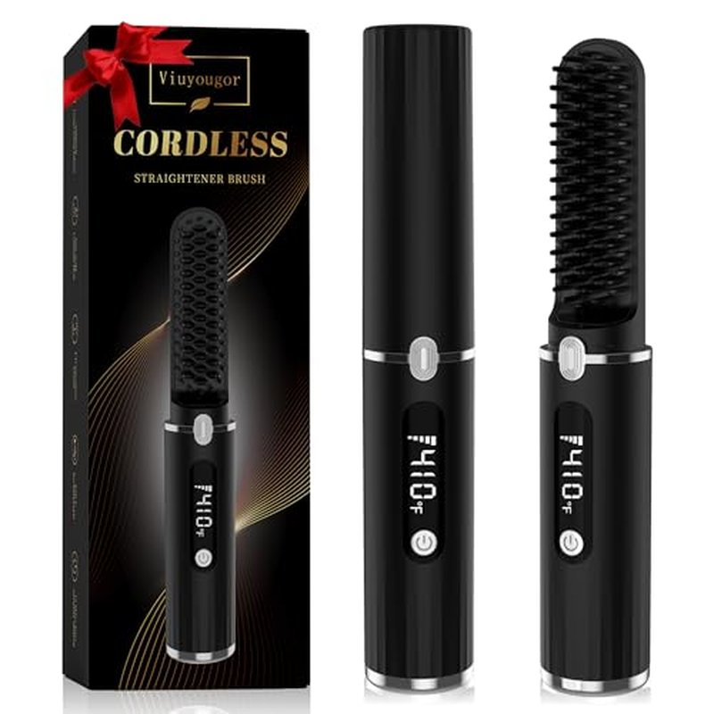Beard Straightener for Men - Cordless Heated Beard Straightening Comb with LCD, Beard and Hair Straightener Brush Hot Comb, Anti-Scald & Automatic Shut-Off, Portable for Travel