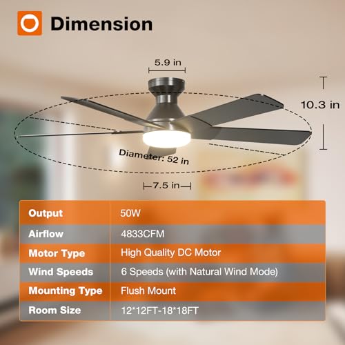 Black 52 Inch Modern Low Profile Ceiling Fan with Lights & Remote - addlon