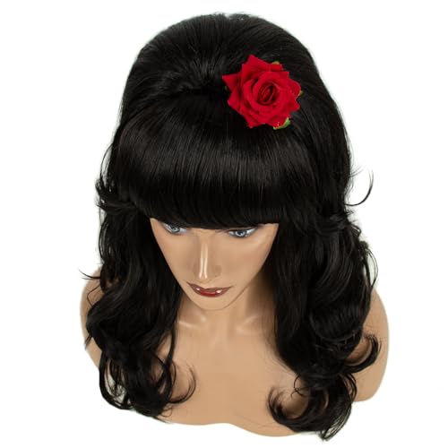 MEDISIFA Natural Black Wavy Wig with Bangs & Rose Clip (Dark) – 290g, Heat-Resistant Synthetic