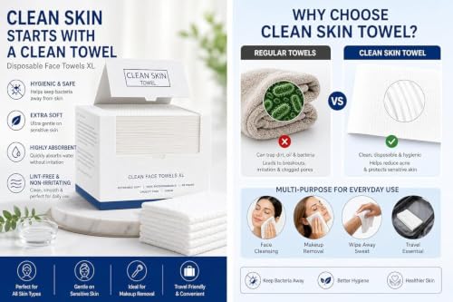 Disposable Face Towels XL Pack of 2 - Sensitive Skin, Makeup Remover, Lint-Free, 100 Count