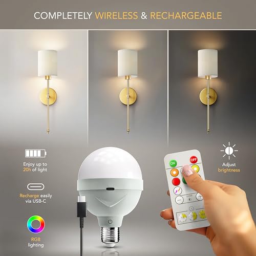 Set of 2 Wireless Wall Sconces with Rechargeable LED Bulbs - Vintage Gold Finish
