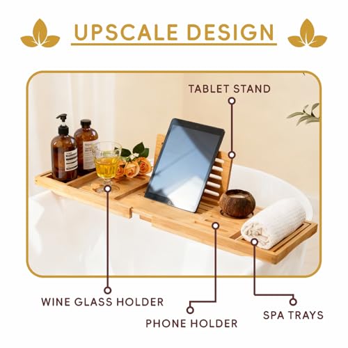 Natural Bamboo Bathtub Tray - Expandable & Foldable Bath Caddy with Spa-Style Holders - A-Natural Variation
