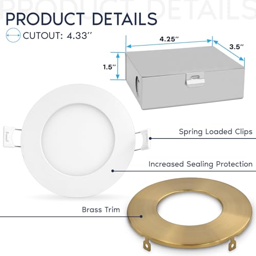 4 Inch Dimmable LED Recessed Light Kit with J-Box, Brass Trim, 5 Color Options – Ultra Thin Slim Canless Design