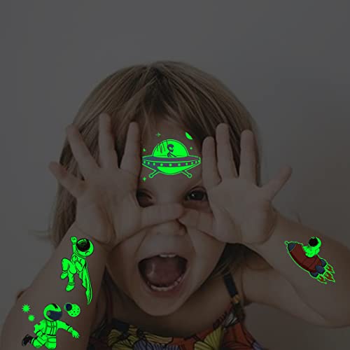 Luminous Outer Space Tattoos for Kids - 14 Sheets Glow in The Dark Astronaut Spaceship Planet Temporary Tattoos for Boys Girls Birthday Party Favors Goodie Bag Fillers