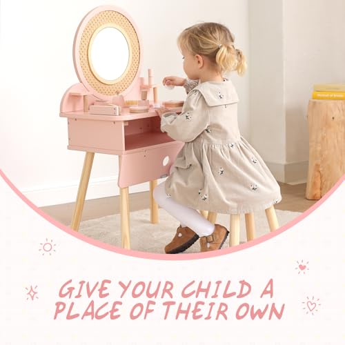 OOOK Toddler Vanity Set with 11 Accessories - Kids Dressing Table & Chair, Play & Learning Toy