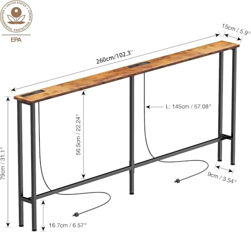 Keelian 102-Inch Rustic Brown Narrow Console Sofa Table with Power Outlets & USB Ports