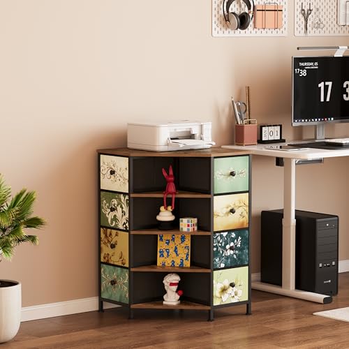 Corner Dresser with 8 Drawers & Shelves - Retro Pattern Variation