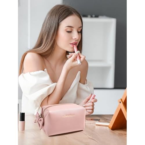 Rownyeon Makeup Bag Cosmetic Travel Toiletry Pouch Bow-knot Cute Handbag Leather Purse for Women Girls,Pink