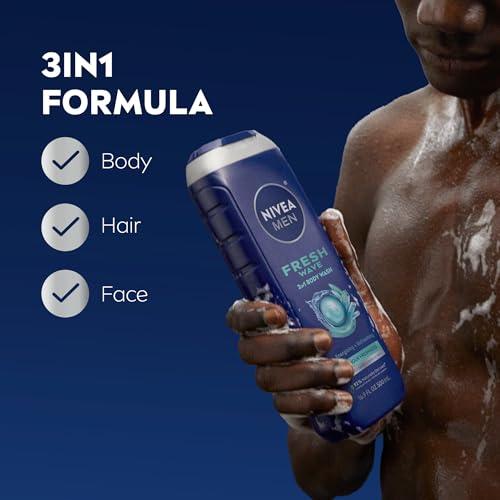 NIVEA MEN Fresh Wave Body Wash with Menthol, Refreshing Scent, 3-in-1 Men's Body Wash, Face and Hair, Paraben Free, Vegan Formula, 16.9 Fl Oz Bottle, Pack of 3