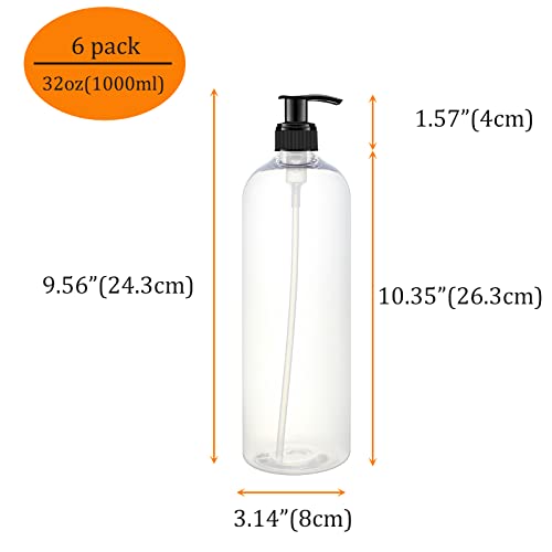 32oz 6 Pack Shampoo & Conditioner Dispenser Bottles with Pump - Clear Plastic