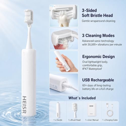 Heisr White Electric Toothbrush for Adults & Teenagers, 3-Sided Head, 60+ Day Battery