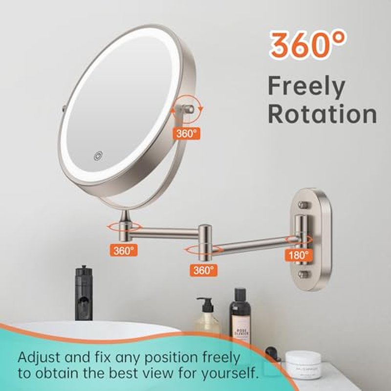 5000mAh Rechargeable Wall Mounted Lighted Makeup Vanity Mirror, Double Sided 1X 30X Magnifying Bathroom Mirror, 3 Color Lighting, Touch Screen Dimming, Extended Arm 360 Rotation Shaving Mirror