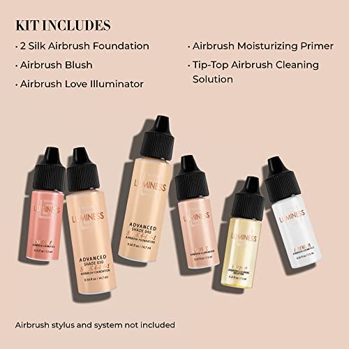 Luminess Silk 4-in-1 Airbrush Foundation Makeup Starter Kit - Medium Coverage, 6-piece - Includes 2x Silk Airbrush Foundation, Blush, Glow Highlighter, Moisturizer Primer & Airbrush Cleaning Solution