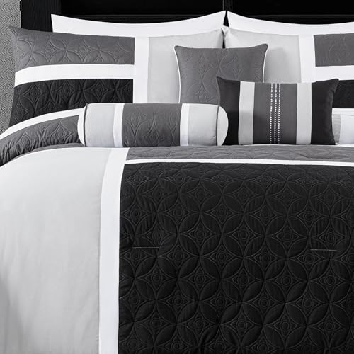 Chezmoi Collection Upland 7-Piece Quilted Patchwork Comforter Set Queen Black Gray Light Gray