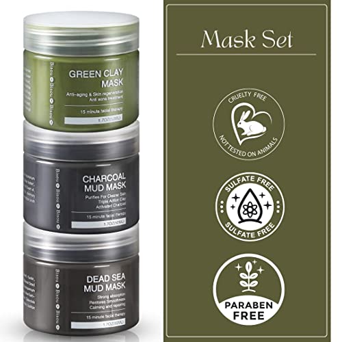 3-Set Charcoal & Dead Sea Mud Face Mask Trio with Applicator - Hypoallergenic, pH Balanced