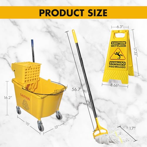 KULED Commercial Mop Bucket Set with 2 Mop Heads, Caution Sign & Wheels, 38 Quart
