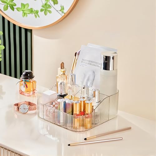 Large Capacity Clear XL Makeup Brush Holder with 8 Slots - Vintage Striped Vanity Organizer