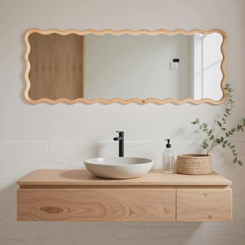 Tunjig 18x48 Inch Solid Wood Full Length Floor Mirror - Natural, Wavy Frame