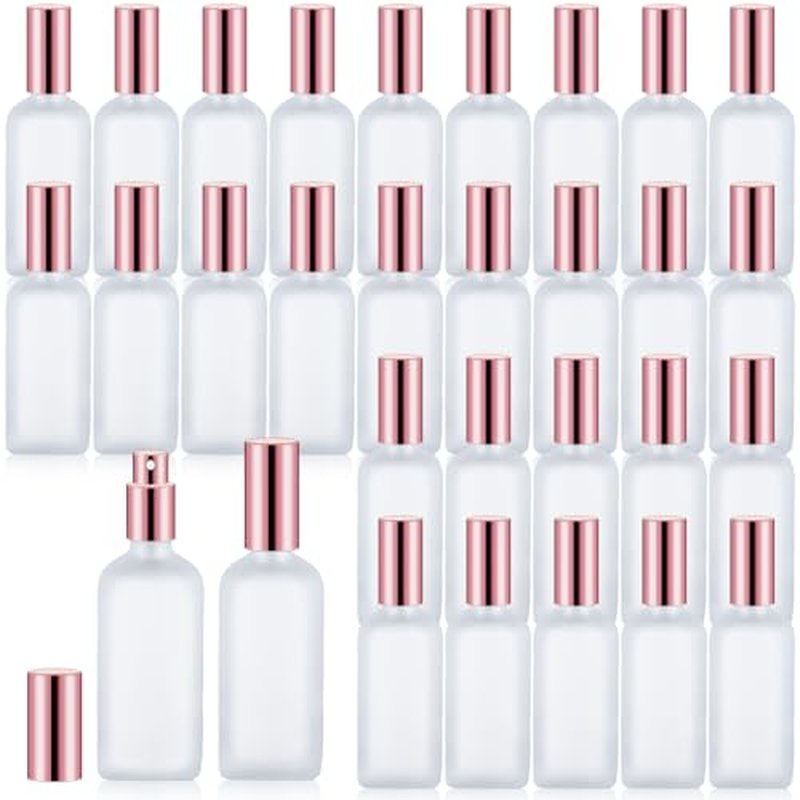 30 Pcs Glass Spray Bottle, 3.4 oz/100 ml Perfume Empty Bottles,Frosted Glass Spray Bottles, Clear Bottle with Rose Gold Fine Mist Sprayer,Refillable Container for Perfume Travel(Rose Gold)