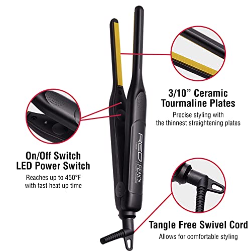 KISS Pencil Flat Iron & Heat Protector Spray Bundle - Ceramic Tourmaline Plates - 0.3" x 0.3" - 450F Max Temp - Straightens Short to Medium Hair