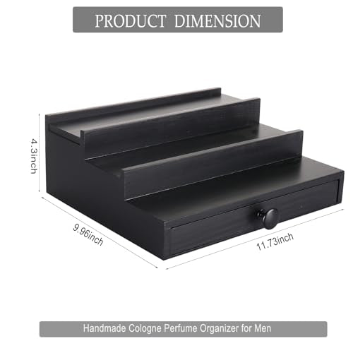 Men's 3-Tier Cologne Organizer Stand with Drawer - Black Wooden Display