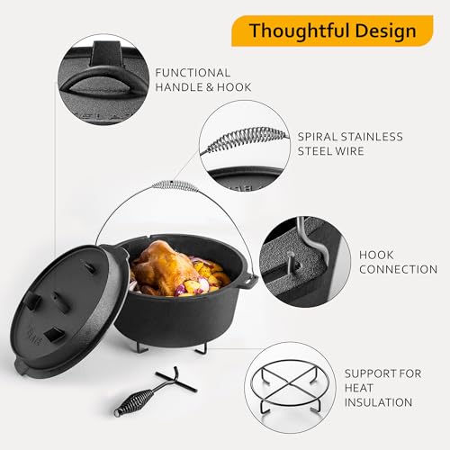 10QT Cast Iron Camping Dutch Oven with Lid - Pre-Seasoned Outdoor Cooking Pot
