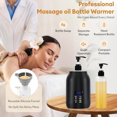 Massage Oil Warmer Heater with Dual 8.5oz Massage Oil Bottles & Funnel, Adjustable Temp (86?149¡ÆF) & Timer (0.5?24H), Compact & Quiet Heated Lotion Warmer Dispenser for Spa, Salon, Home Use
