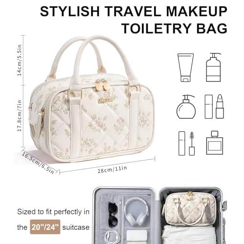 Travel Makeup Bag, Large Capacity Quilted Toiletry Bag for Women Stand-up Cosmetic Bag Open Flat Make Up Case Organizer Portable Pouch Purse w/Handle for Traveling Accessories Beige Floral