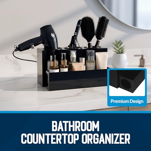 Hair Tool Organizer for Bathroom Vanity ? Blow Dryer Holder with Stainless Cups for Hair Dryer, Curling Iron & Straightener, Countertop Hot Tools Holder and Hair Tool Storage (BLACK)